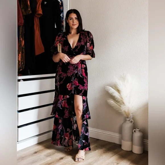 Hutch Black Motif Tiered Velvet Wrap Dress - Picture 3 of 9